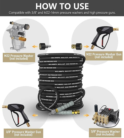 Pressure Washer Hose 100FT 4000 PSI, Kink Resistant Steel Braided Layer & NonMarking Rubber for Hot/Cold Water, High Power Washer Hose With 3/8 Inch Quick Connect & M22 Fitting, Black