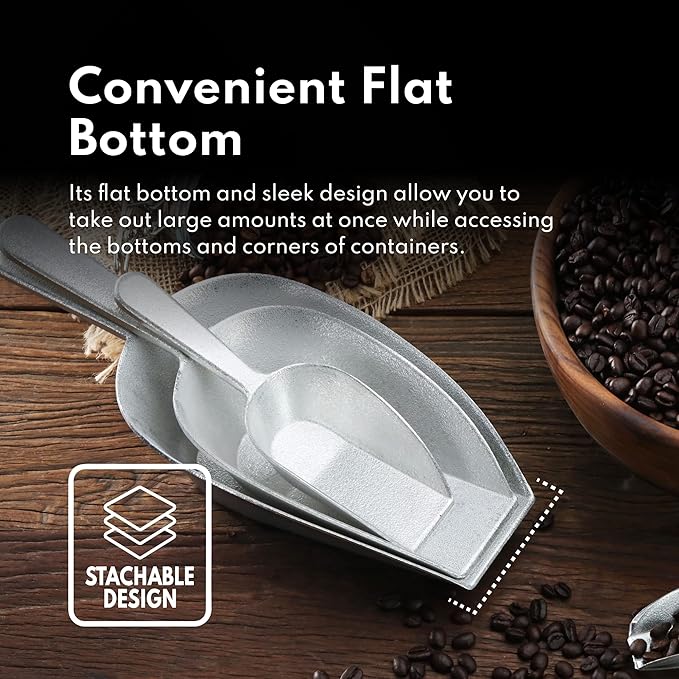 New Star Foodservice 34646 One-Piece Cast Aluminum Flat Bottom Bar Ice Flour Utility Scoop, 2-Ounce, Silver