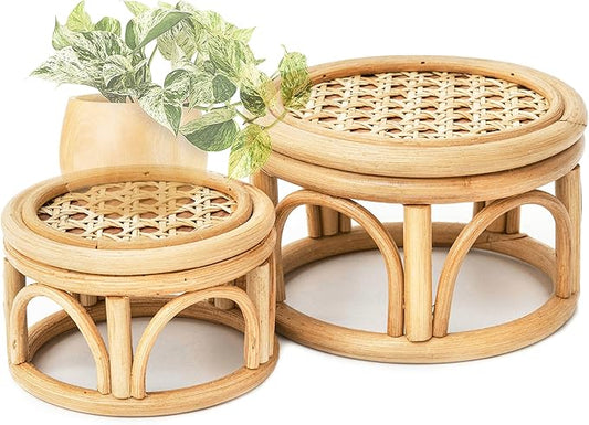Set of 2 Small Boho Rattan Wicker Round Riser Plant Stand Indoor,Rustic Farmhouse Natural Wooden Circle Pedestal for Decor & Display, Tabletop, Office Decor
