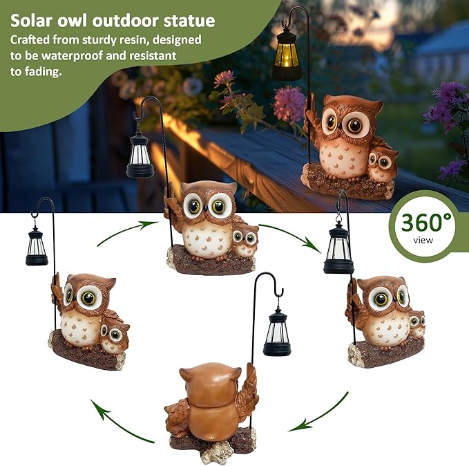 Garden Statues Owl with Solar LED Lantern, Resin Solar Garden Decor for Outside, Yard Decorations Outdoor for Patio, Porch, Balcony, Lawn Ornaments, House Warming Birthday Gifts for Mom Women Grandma