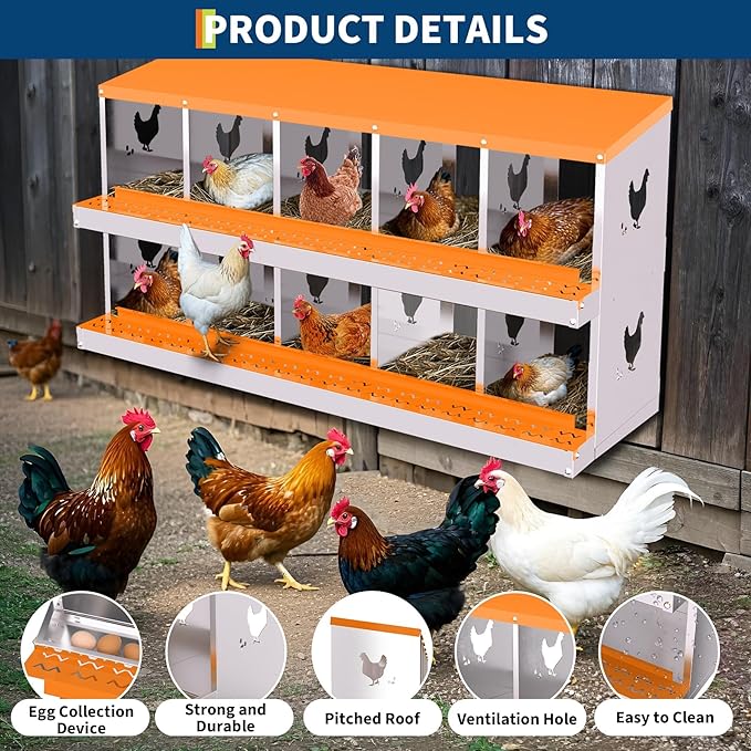 10 Compartment Metal Chicken Nesting Box, Automatic Roll-Out Egg Collection, Waterproof Galvanized Steel Laying Box, for Hens Ducks Rabbits, Orange