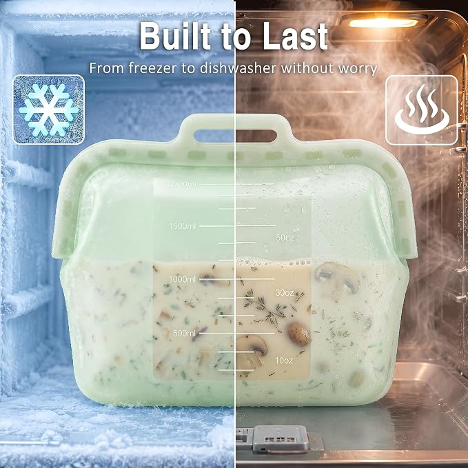 68oz Reusable Silicone Food Storage Bags with Magnetic Seal, Stand Up Freezer Bags for Meal Prep, Snacks, Sandwiches & Leftovers, Dishwasher Safe Reusable Food Storage Bag (Green)