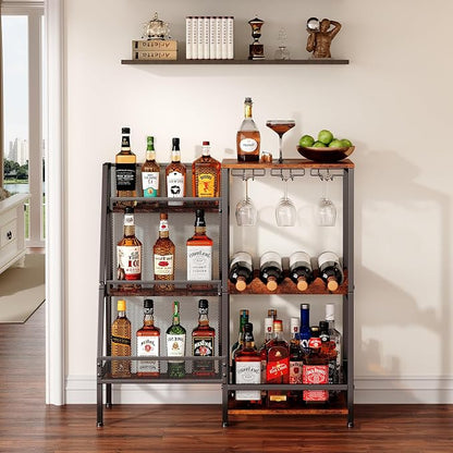 Versatile Liquor Stand for Home Bar, Wine Rack Freestanding Floor, Mini Bar Table for Liquor Whiskey Wine, 3-Tier Trapezoidal Liquor Bottle Display Shelf with Glass Holder and Fences(Patent Pending) | 3-Tier Display, 3 Glass Holder Rows, 4-Bottle Rack:...
