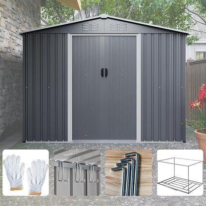 8x6 FT Outdoor Tool Storage Shed with Metal Foundation & Lockable Doors, All Weather Metal Sheds for Garden, Patio, Backyard, Lawn, Gray