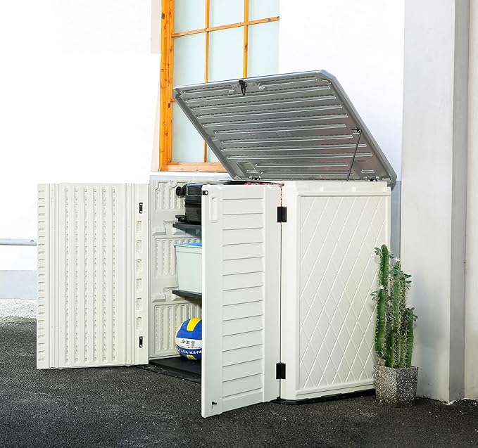 HOMSPARK Storage Shed Weather Resistance, Multi-Purpose Outdoor Storage Cabinet for Backyards and Patios, 26 Cu.ft Capacity Horizontal Storage Shed for Bike, Lawnmower, Trash Cans, Patio Accessories