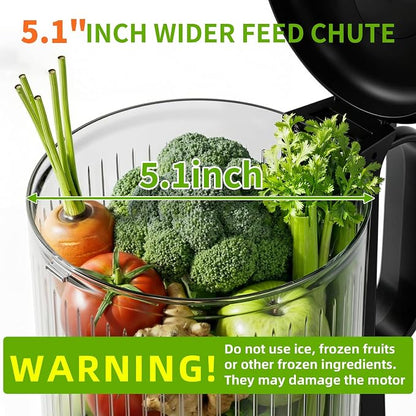 5ive Cold Press Juicer, 5.1 Inch Wide Chute Slow Masticating Extractor | 1.7 L Slow Juice Extractor for Whole Fruits Veggies, Easy Clean Electric Maker with Recipe Guide, Rate of 99% juice