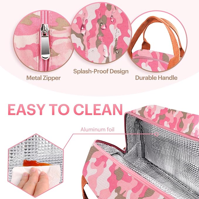Lunch Bag for Women & Men Adult Insulated Lunch Box, Small Leakproof Cooler Food Lunch Containers Reusable High Capacity Lunch Tote Bags for Work, Travel, Outdoor (Pink Camo)