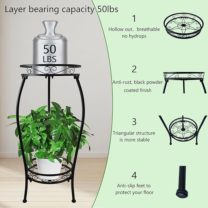 CASIMR 2 Tier Plant Stand Indoor Outdoor, 26.6" Tall Metal Potted Holder Rack Multiple Flower Pot Stand Heavy Duty Plant Shelf Rustproof Iron Plant Round Supports Rack