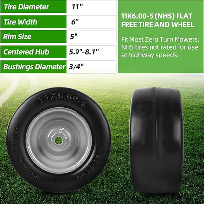 AR-PRO (2-Pack) 11x6.00-5 Flat Free Tire and Wheel - Universal 11x6-5 Solid Rubbe Riding Lawn Mower Tire with Rim - With 5.9"-8.1" Centered Hub and 3/4" Bushings - Fit Most Zero Turn Mowers