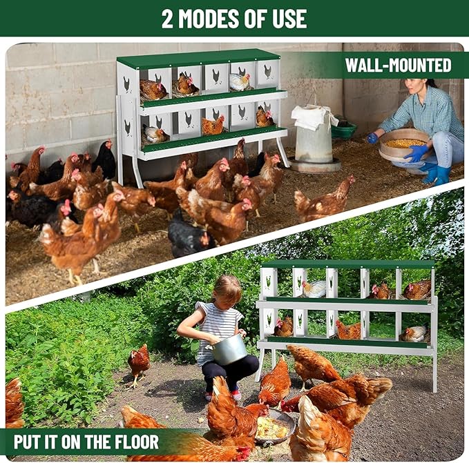 TrailBlaze 10 Compartment Chicken Nesting Box with Metal Legs, Chicken Egg Laying Boxes with Rollout Egg Collection, Large Vented Holes Chicken Coop for Chickens, Hens (Green)