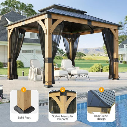10x12 ft Cedar Wood Gazebo with Translucent roof, Hardtop Gazebo with Galvanized Steel Double Roof and Mosquito Netting, Heavy Duty Pavilion for Patio Lawn and Garden