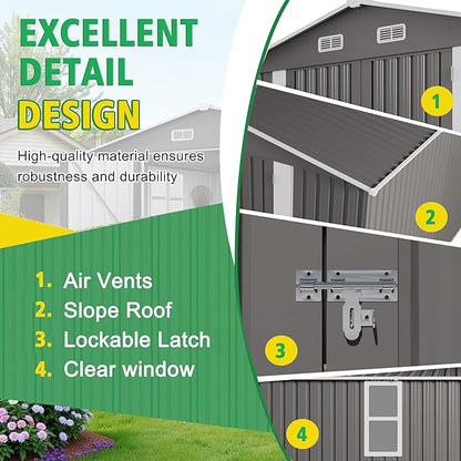 10x12 FT Outdoor Storage Shed,Large Metal Garden Shed with Double Door and Two Windows Waterproof Tool Shed for Backyard Patio Lawn Poolside,Grey
