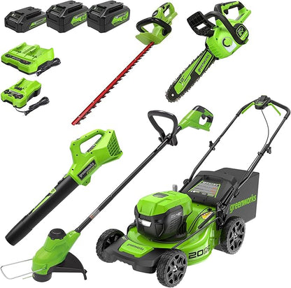 Greenworks 48V (2x24V) 5-Piece Garden Tool Set: 20" Push Mower, 12" String Trimmer, 320CFM Leaf Blower, 12" Chainsaw, 22" Hedge Trimmer - 3 Batteries, 2 Chargers, 3-Year Warranty