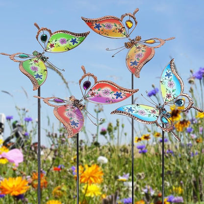 Juegoal Set of 4 Butterfly Garden Stake Decor, 32" Metal Colorful Butterflies Stakes, Yard Art Ornaments for Mom, Mothers Day Ideal Gifts, Outdoor Lawn Porch Pathway Patio Plant Pot Flower Bed