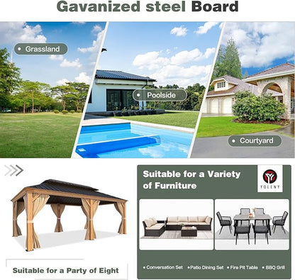YOLENY 12' x 20' Hardtop Gazebo Wood Grain Pergola with Galvanized Steel Double Roof, Aluminum Frame, Outdoor Patio Gazebo with Netting and Curtains for Deck, Backyard, Patio and Lawns