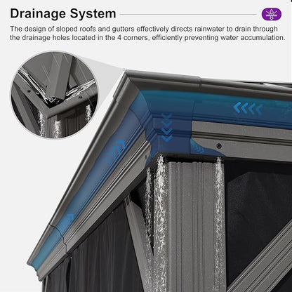 PURPLE LEAF 11' x 15' Hardtop Aluminum Gazebo with Double Metal Roof Heavy Duty Permanent Gazebo for Pool Patio Deck Lawn Garden All Weather Outdoor Pavilion Gazebos, Light Grey
