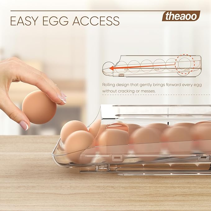 theaoo Egg Holder for Fridge, Automatic Rolling Egg Container for Refrigerator, Clear Plastic Egg Dispenser, Stackable Eggs Organizer with Quick Removable inner Tray For Organizers and Storage, 1Pack