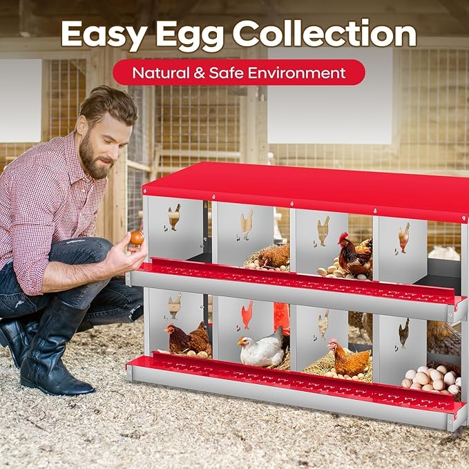 Nesting Boxes for Chickens, 8 Compartments, Nesting Boxes with 4 Dummy Eggs and 10 Dampproof Pets Mats, Red, Stainless Steel, Wall-Mountable & Roll Away Design