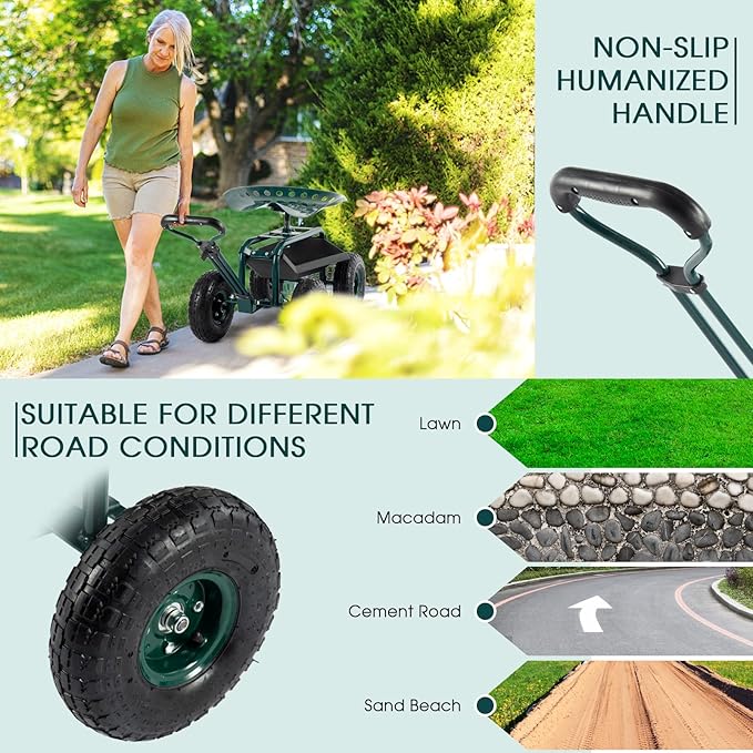 Garden Cart with Seat Outdoor Gardening Carts Heavy Duty Rolling Garden Stools Scooter with Handle and Storage for Seniors, Green