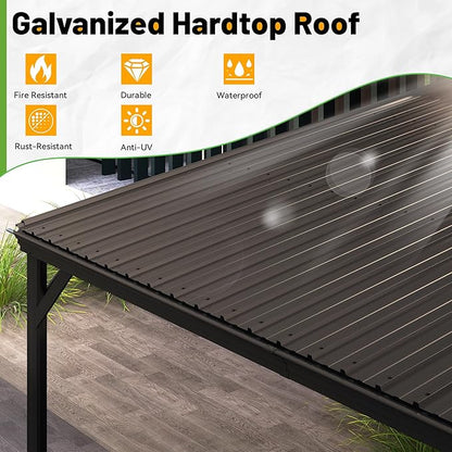 10x12FT Lean to Gazebo, Outdoor Hardtop Wall Mount Gazebo with Gutter & Sloping Galvanized Steel Roof, Metal Hard Top Awnings for Deck, Porch, Backyard-Brown