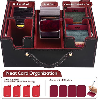 Trading Card Storage Box for MTG, card storage box with Commander Display，Multi-purpose Deck Case for MTG TCG Sports Card, 4 Toploaders, 4 Stoppers, 4 Colorful Dividers (Black & Red)