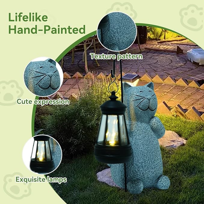 Solar Cat Garden Statues with LED Lights, Outdoor Decor for Patio Yard Balcony - Unique Housewarming Birthday Gifts for Women Mom Grandma