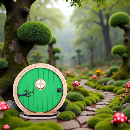 1Pc Fairy Garden Door for Tree, Fairys Doors for Trees Outdoor and Tree Trunk, Mini Fairy Garden Sculpture Lawn Ornament Decor, Fairys Tales Door Decoration，Gardens Miniatures (Green)