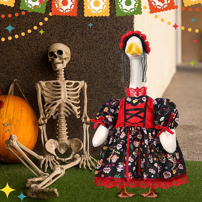 Suzile Halloween Goose Outfit Dresses Clothes for 23" Dia De Los Muertos Cement or Plastic Porch Goose Costume for Yard Lawn Outdoor Garden Patio Statue Halloween Holiday Decor