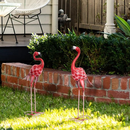 XONOR Metal Flamingo Garden Statues Red Flamingo Yard Art Outdoor Sculptures for Home Patio Lawn Backyard Décor, Set of 2