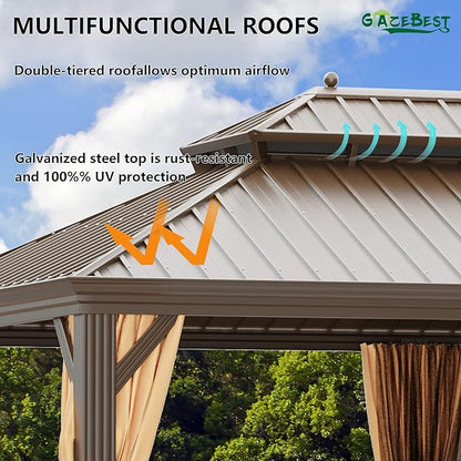 12' X 18' Hardtop Gazebo, Aluminum Wood-Looking Frame Outdoor Permanent Galvanized Steel Double Roof Pavilion Pergola Canopy with Privacy Curtains for Garden, Patio, Backyard, Deck and Lawns.