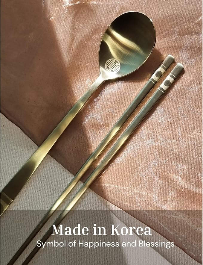 ONGI Korean Spoon and Chopstick 1 Set – Premium 18/10 Titanium Gold – Double Happiness Design – Gift-Ready – Made in Korea – Dishwasher Safe (Hee Pattern Gold 1 Set)