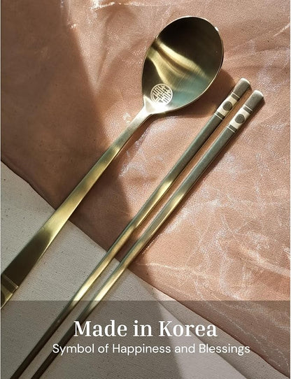 ONGI Korean Spoon and Chopstick 1 Set – Premium 18/10 Titanium Gold – Double Happiness Design – Gift-Ready – Made in Korea – Dishwasher Safe (Hee Pattern Gold 1 Set)