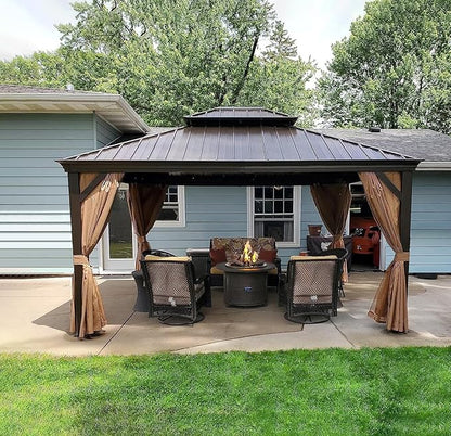 Domi 12'x14' Hardtop Gazebo with Gutters, Outdoor Aluminum Frame Canopy with Galvanized Steel Double Roof, Outdoor Permanent Metal Pavilion with Curtains and Netting for Patio, Backyard and Lawn