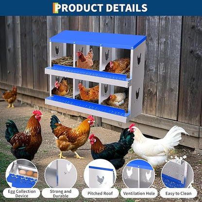 Chicken Nesting Box,6 Compartments Galvanized Steel Metal Chicken Laying Box with Roll Out Egg Collection,Wall Mount Chicken Nesting Boxes,Easy Egg Collection, Hen Roosting Boxes