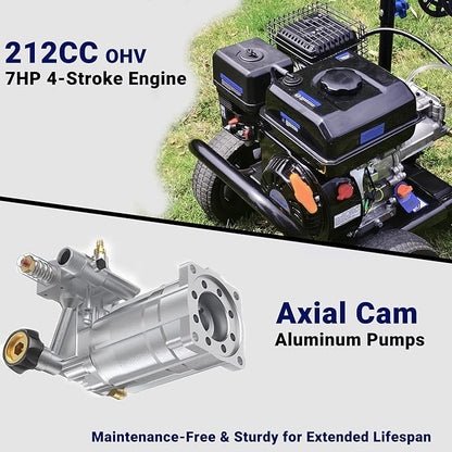 3600 PSI Gas Pressure Washer, 2.3 GPM Heavy-Duty Power Cleaner with 212CC Engine, 5 Quick-Connect Nozzles, 30FT Hose & Reel, Maintenance-Free Axial Cam Pump, for Commercial, Home Cleaning