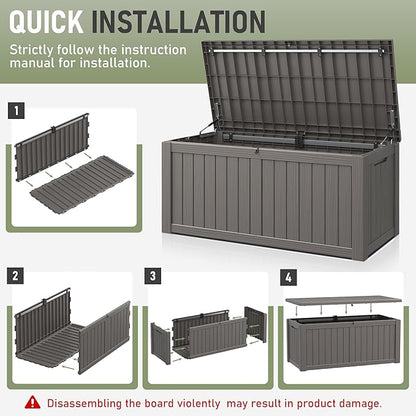 Deck Box, 120 Gallon Outdoor Storage Box Lockable Patio Waterproof for Furniture, Garden Tools, Sports Equipment and Pool Supplies, Waterproof, Resin, Lockable