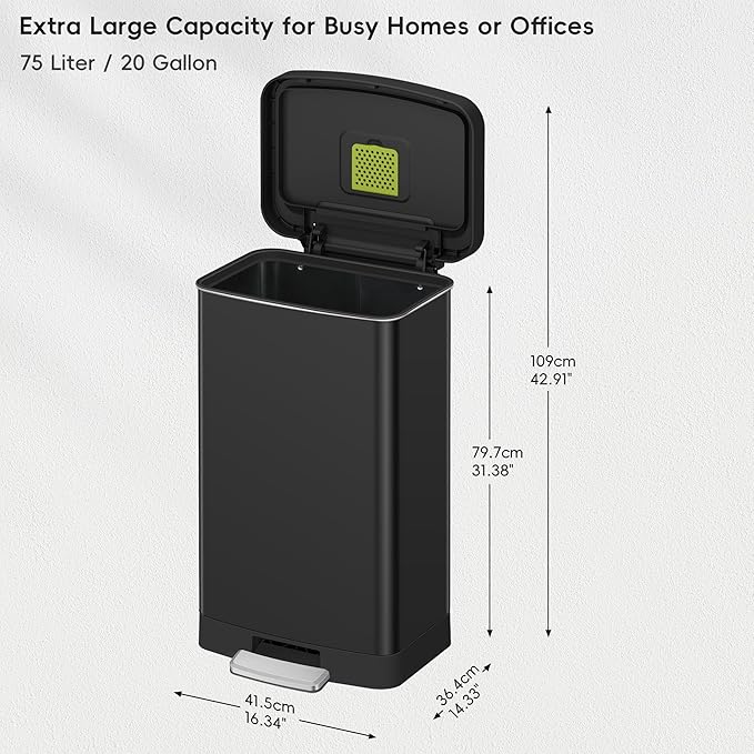 EKO Hudson Matte Stainless Steel 75 Liter/20 Gallon Large Kitchen Trash Can, Tall Step Garbage Can with Rear Bag Storage Compartment (Matte Black)