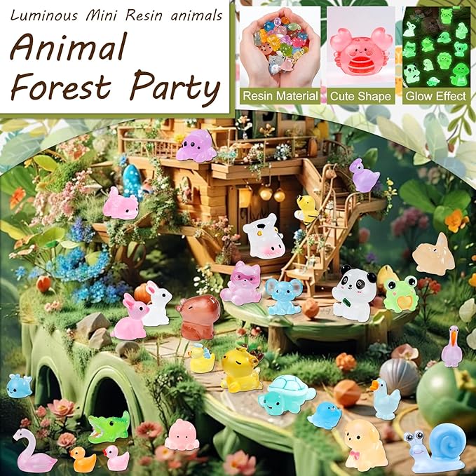 52Pcs Luminous Mini Resin Animals 52 Styles Miniature Glow in the Dark Resin Animal Figures to Hide Tiny Small Little Ducks Turtles Dinosaurs and Frogs for Micro Landscape Dollhouse Fairy Garden Decor