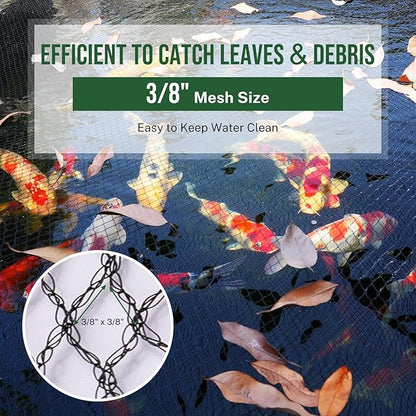 Pond Netting Cover for Leaves, 28 x 30 Koi Pond Net Cover, Durable & Sturdy Pond Netting for Koi Ponds, Protect Koi Fish Against Herons, Raccoons, Cats & Predators, 14pcs Stakes Included