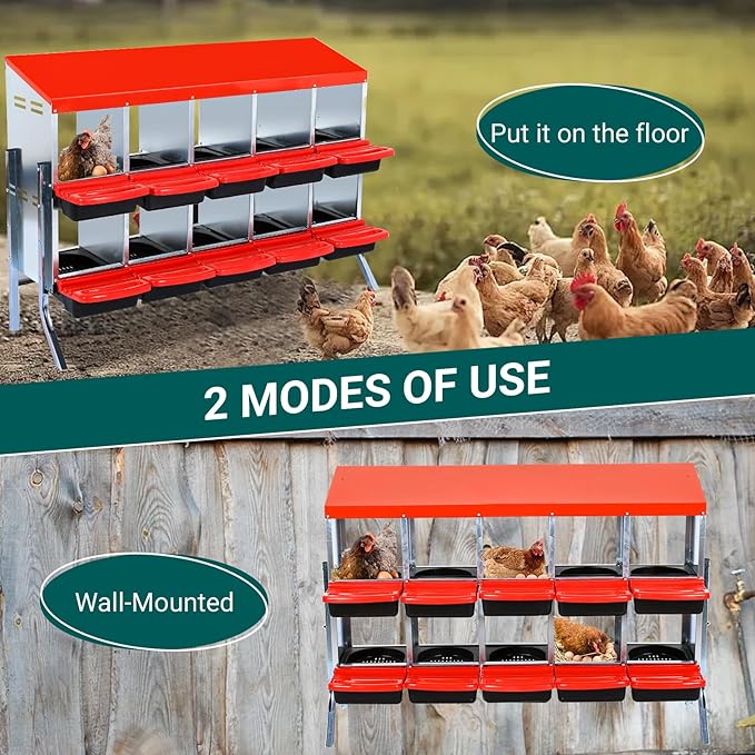 Chicken Nesting Box, 10-Hole Metal Wall Mount Chicken Laying Boxes with Legs and Lid Cover, Easy to Assemble, Roll-Away Egg Design Nesting Boxes for Outdoor Chicken Coop & Farm Yard, Red