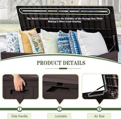 Greesum 100 Gallon Resin Deck Box Large Outdoor Storage, Imitation Rattan Weave Texture for Patio Furniture, Garden Tools, Pool Supplies, Weatherproof and UV Resistant, Lockable, Dark Brown