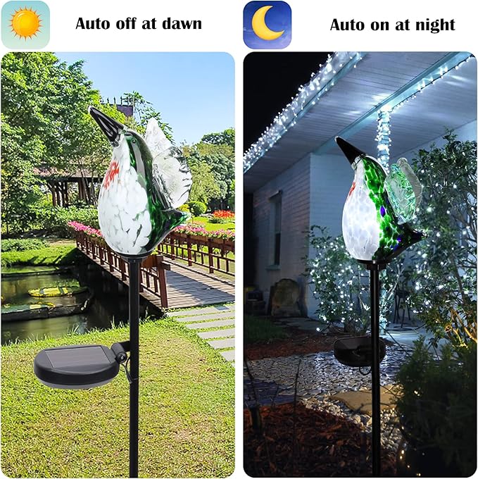 Afirst Decorative Solar Lights Outdoor Solar Hummingbird Stake Lights Hand Blown Glass Decorative Garden Pathway Light Outdoor Waterproof Glass Stakes Green