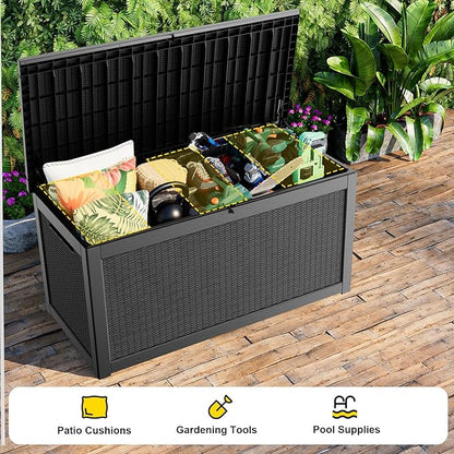 320 Gallon Outdoor Storage Box, Large Outdoor Deck Box,Waterproof & UV Resistant Resin Storage Box Lockable for Patio Cushions, Gardening Tools, Pool Accessories(Black)