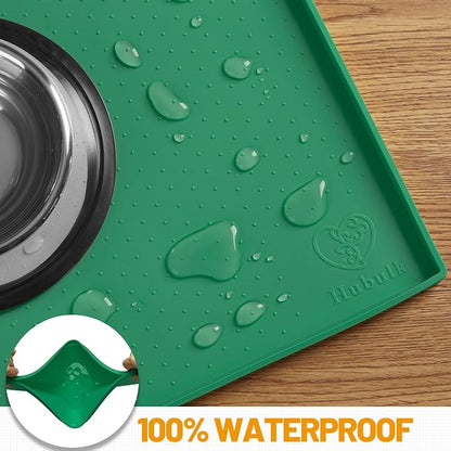 Hubulk Dog Feeding Mat,100% Waterproof Food Grade Silicone Pet Food and Water Bowl Placemat,Dishwasher, High Raised Edge to Prevent Spills,Nonslip Tray to Stop Messes on Floor（28"x18"x0.8",Hunter ）