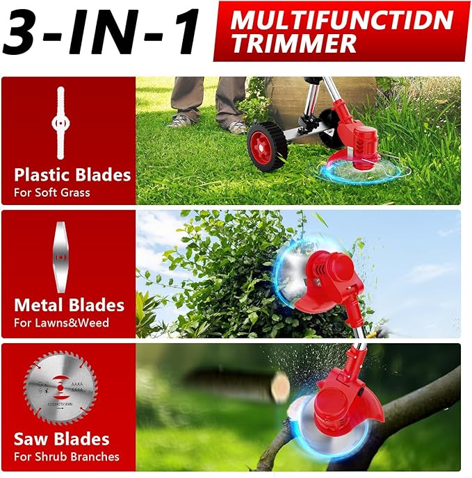 Electric Weed Wacker Cordless with Wheels,21V 2×2000mAh Weed Eater Battery Powered, 6-inch Cordless String Trimmer with 3 Types of Blades, Electric Grass Trimmer,Lawn Edger, Mower for Yard,Garden