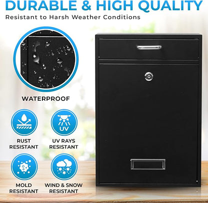 Wall Mounted Locking Vertical Dropbox Mailbox - Safe and Secure (Large) | Made with Galvanized Steel (Dark Gray)