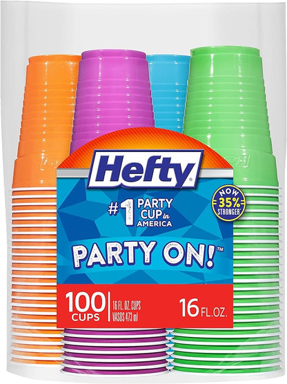 Hefty Party On Disposable Plastic Cups, Assorted, 16 Ounce, 100 Count | Bulk Pack, Disposable Plastic Cups for Parties, 4 Fun Colors, Easy-to-Grip Design, Ideal for Large Tailgates, BBQs, Birthdays