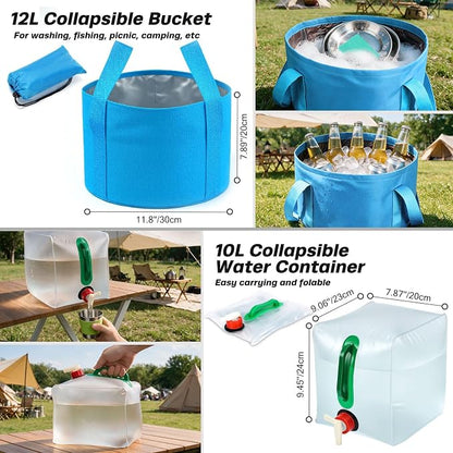 Odoland 29pcs Camping Cookware Mess Kit, Non-Stick Lightweight Pots Pan Kettle, Collapsible Water Container and Bucket, Stainless Steel Cups Plates Forks Knives Spoons for Outdoor Backpacking Picnic