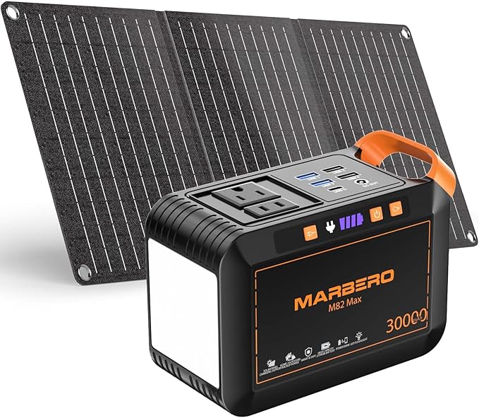 MARBERO Solar Generator 111Wh Portable Power Station with Solar Panel 30W Included Power Bank with AC Outlet 120W Surge for Home Outages Camping Outdoor Adventure Emergency