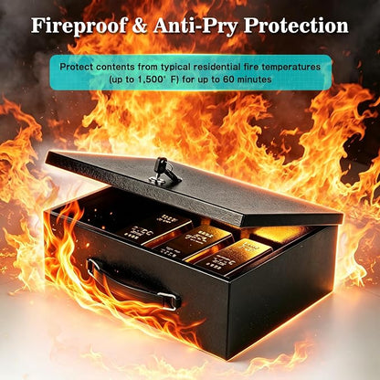 xydled Fireproof Document Box with Key Lock, Fire Safe Box, Black | Fire and water resistant lock box for documents, passports, cash and valuables, keeping secure at home, 13.2 x 11 x 5.1 Inch